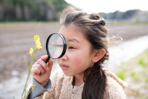 istock Girl looking at rape blossoms with magnifying glass 1389127058