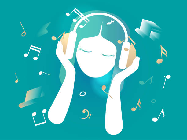 A girl is listening music with headphone vector illustration graphic EPS 10 A girl is listening music with headphone enjoy and immerse into the melody vector illustration graphic EPS 10 silhouette lounge stock illustrations