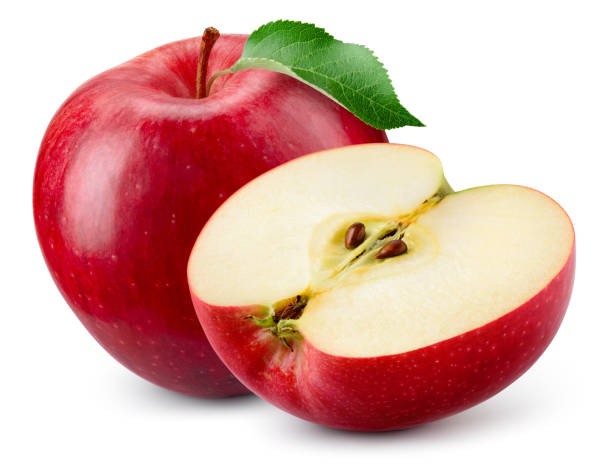 istock Red apple with a half isolated. Apples with green leaf on white background. Red appl with clipping path. Full depth of field. 1389127944