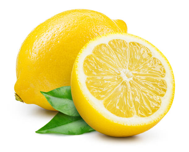 istock Lemon fruit with leaf isolated. Whole lemon and a half with leaves on white background. Lemons isolated. With clipping path. Full depth of field 1389128121