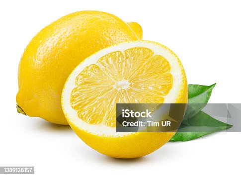 istock Lemon fruit with leaf isolated. Whole lemon and a half with leaves on white background. Lemons isolated. With clipping path. Full depth of field 1389128157