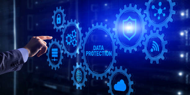 istock Data protection concept. Businessman pointing on virtual screen with text and icons 3D 1389129608