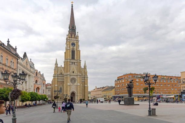 Novi Sad, Serbia - September 21, 2021: Name of Mary Roman Catholic Church in City at Liberty Square.