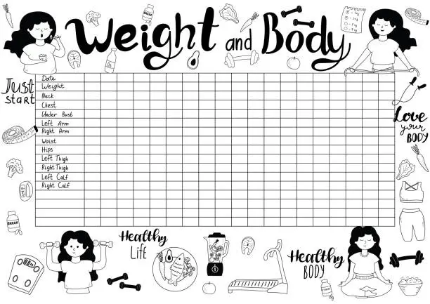 Vector illustration of Vector illustration of weight and body measurement tracker in A4 format with doodle illustrations.Weight loss,healthy lifestyle concept for losing weight people