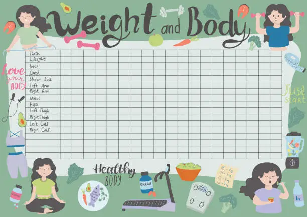 Vector illustration of Vector illustration of weight and body measurement tracker in A4 format with doodle illustrations.Weight loss,healthy lifestyle concept for losing weight people