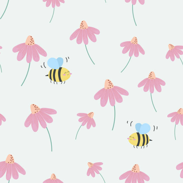 Vector seamless pattern with cute flowers and a bee. Bee on a flower meadow Vector seamless pattern with cute flowers and a bee. Bee on a flower meadow bee costume stock illustrations