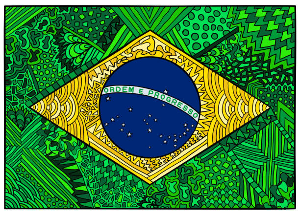 ブラジルの国旗。ブラジルとリオデジャネイロの民族国家シンボル。落書きフラグのイラスト。ブラジルのスポーツと文化。ウェブ、バナー、衣服、または印刷物のための手描きのエフェク� - rio de janeiro brazil jesus christ travel点のイラスト素材／クリップアート素材／マンガ素材／アイコン素材