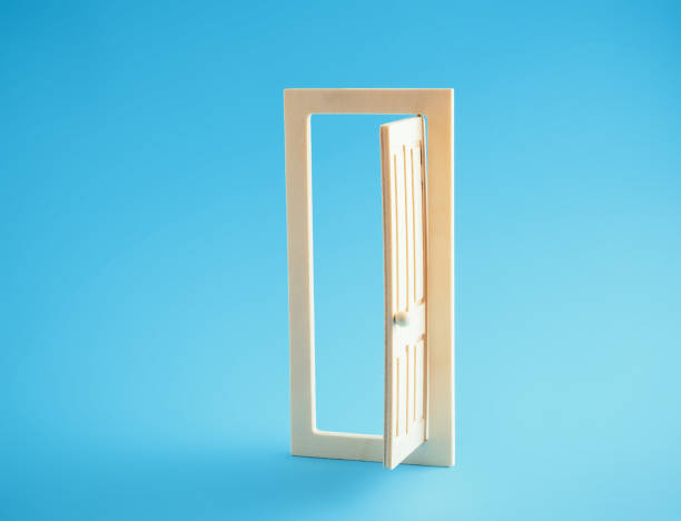 istock Open door on blue background. Modern minimal art poster. 1389133187