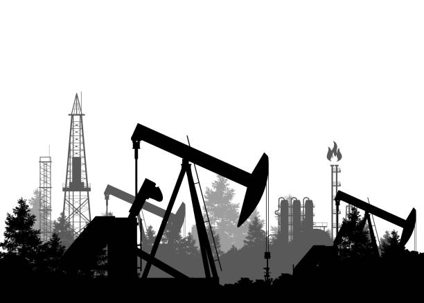 oil industry banner, silhouette of pumpjack and refinery plant, overground drive for a reciprocating piston pump in an oil well, vector - 石油輸出國組織 幅插畫檔、美工圖案、卡通及圖標
