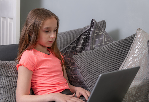 Girl using a laptop computer, in the living room
