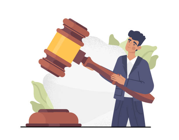 Court worker concept Court worker concept. Man hits with hammer, metaphor for law and adoption of judicial decision. Lawyer holding big gavel. Attorney executing justice metaphor. Cartoon flat vector illustration human rights act stock illustrations