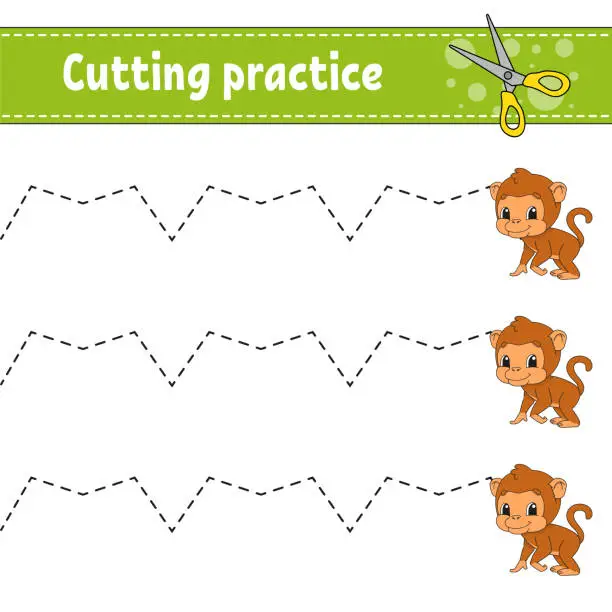 Vector illustration of Cutting practice for kids. Education developing worksheet. Activity page. Color game for children. Isolated vector illustration. cartoon character. Animal theme.