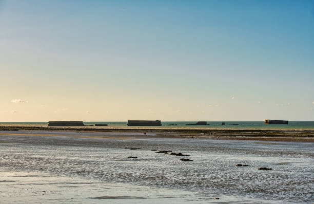 Omaha Beach, Arromanches-les-Bains, France, September 01, 2019: Looking at the remains of the \