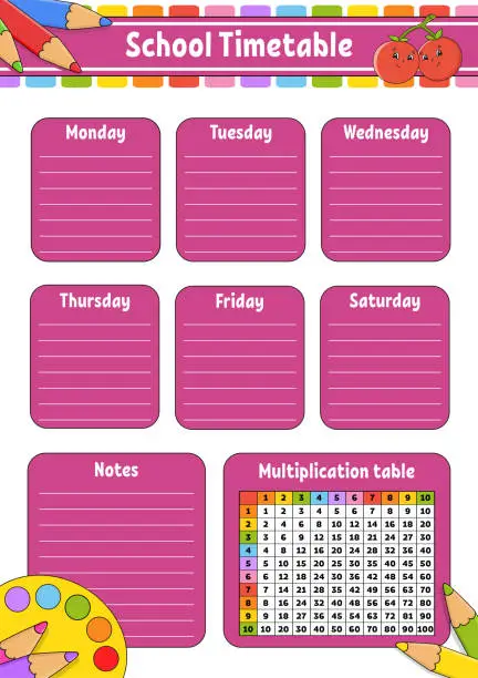 Vector illustration of School timetable with multiplication table. For the education of children. Isolated on a white background. With a cute cartoon character.