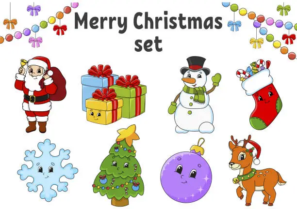 Vector illustration of Set of stickers with cute cartoon characters. Christmas theme. Hand drawn. Colorful pack. Vector illustration. Patch badges collection. Label design elements. For daily planner, diary, organizer.