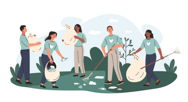 Volunteer activity concept Volunteer activity concept. Men and girls with nets collect garbage. Characters in garden, reducing emission of harmful expenses. People takes care of planet. Cartoon flat vector illustration community outreach illustrations stock illustrations