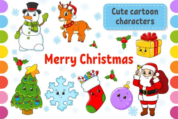 Vector illustration of Set of stickers with cute cartoon characters. Winter clipart. Christmas theme. Colorful pack. Vector illustration. Patch badges collection for kids. For daily planner, organizer, diary.