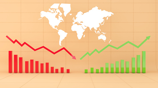 The world economy has a cycle of ups and downs.,World map and arrow depicting economic downturn and uptrend.,3d rendering