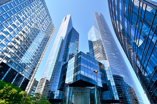 Modern architecture of the La Defense financial district in Paris, France