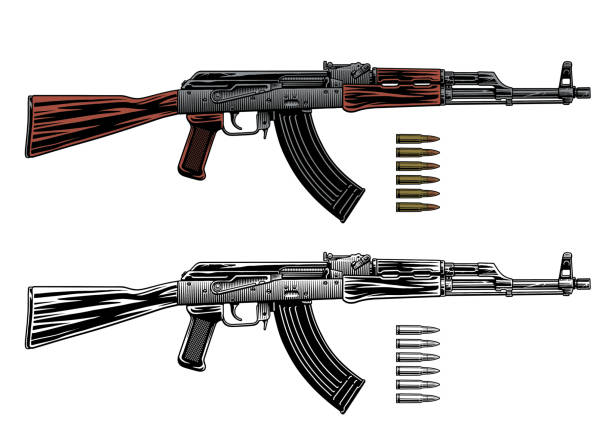 автомат калашникова или пулемет и патроны, изолированные на белом фоне. цветная и монохромная черно-белая векторная иллюстрация. - bullet ammunition rifle gun stock illustrations