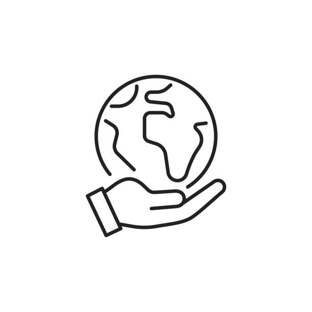 значок земля над ладонью. высококачественная черная векторная иллюстрация. - globe earth human hand planet stock illustrations