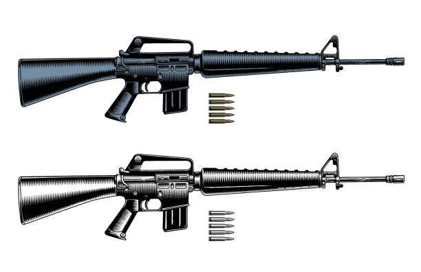 M16 assault rifle or machine gun and ammo cartridges, monochrome black and white and color vector illustration. M16 assault rifle or machine gun and ammo cartridges isolated on white background, monochrome black and white and color vector illustration. machine gun stock illustrations