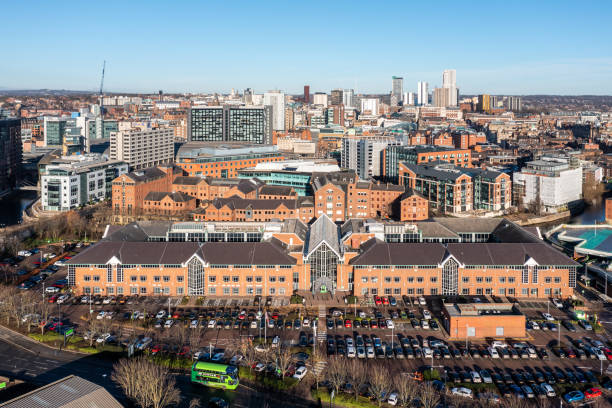 Aerial view of ASDA Head Office in Leeds Leeds, UK - January 17, 2022.   An aerial view of the Head Office building of ASDA supermarket in Leeds city centre asda photos stock pictures, royalty-free photos & images