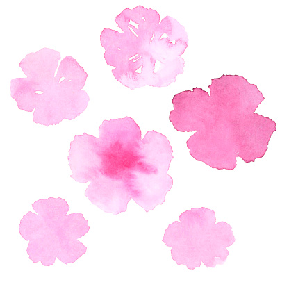 Abstract green watercolor pink flowers isolated. Watercolor hand drawn texture for backgrounds, cards, banner, flyers