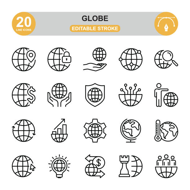 globussymbol-set. bearbeitbarer strich. - currency global communications technology currency symbol stock-grafiken, -clipart, -cartoons und -symbole