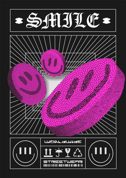 Modern poster with flying 3d pills emoticons. In Techno style, stylish print for streetwear, print for t-shirts and hoodies, isolated on black background Modern poster with flying 3d pills emoticons. In Techno style, stylish print for streetwear, print for t-shirts and hoodies, isolated on black background acid stock illustrations