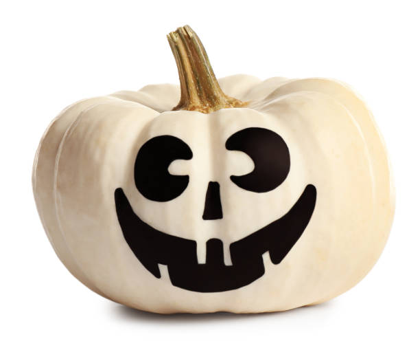 istock Halloween pumpkin with cute drawn face isolated on white 1389149937