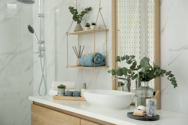istock Modern bathroom interior with stylish mirror and vessel sink 1389150514