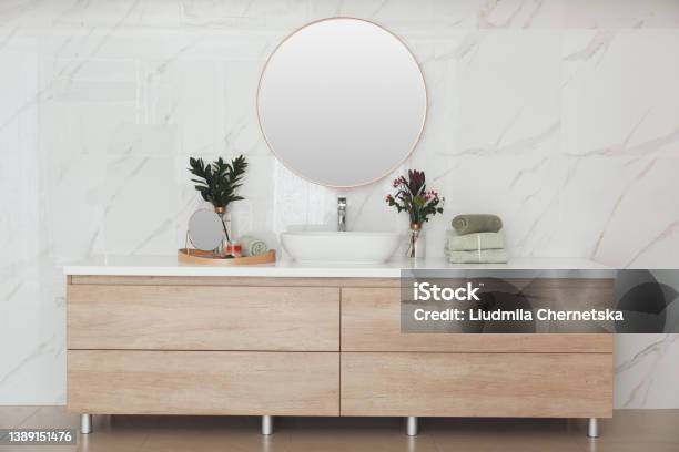 Modern Bathroom Interior With Stylish Mirror And Vessel Sink Stock Photo - Download Image Now