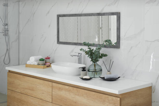 istock Modern bathroom interior with stylish mirror and vessel sink 1389151705