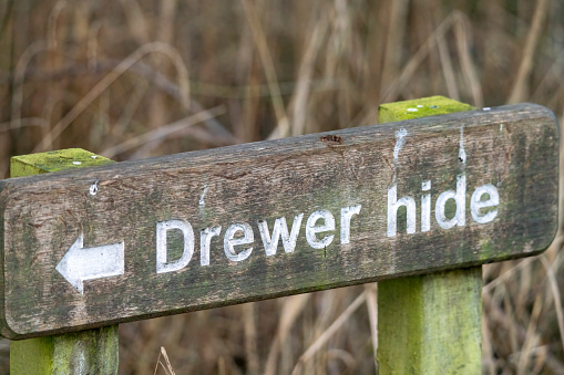 Sign for the Drewer Hide at Fowlmere nature reserve, Cambridgeshire.