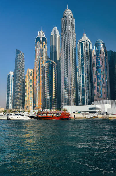View of Dubai Marina and JBR area and golden sandy beaches in the Persian Gulf, Dubai, UAE stock photo