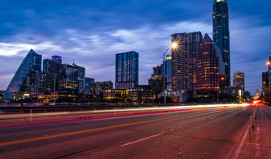 Austin Texas at Blue Hour Night Time Lapse long exposure of Austin Night Life from a Modern Capital City