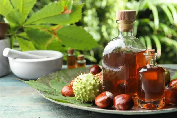 Chestnuts and bottles of essential oil on table against blurred background