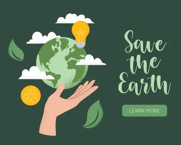 Vector illustration of Vector illustration of human hand holding Earth globe, Recycle icon, light bulb, leaves and clouds. Concept of World Environment Day, Save the Earth, sustainability, ecological zero waste lifestyle
