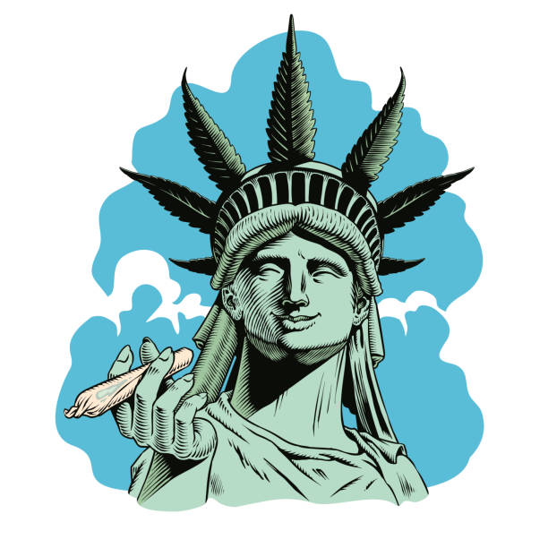 freiheitsstatue mit hanfblatt, das einen gerollten joint hält. legalisieren sie marihuana-konzeptdruck. vektorillustration. - statue liberty statue of liberty new york city stock-grafiken, -clipart, -cartoons und -symbole