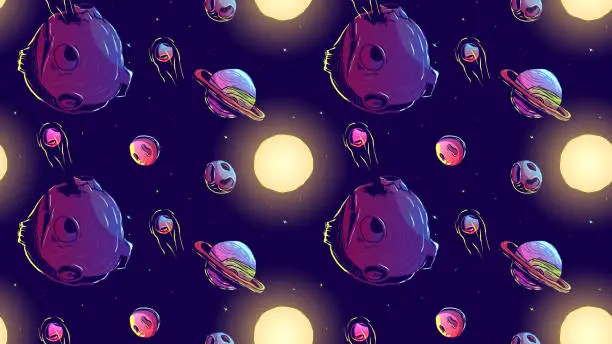 Vector illustration of Hand drawn cosmic seamless illustration - Planets, comets and stars.