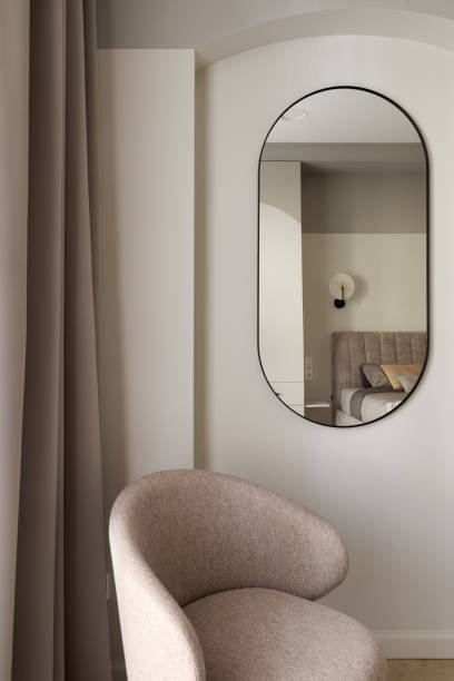 istock Modern bedroom interior in pastel colours. Trendy minimalistic interior concept 1389162667