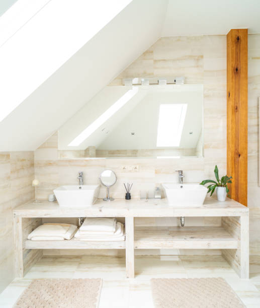 istock Modern bathroom interior. Interior design. Big new spacious trendy bath room. 1389163028