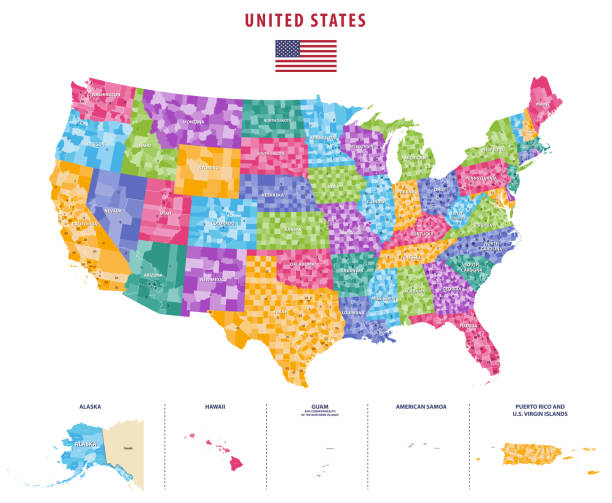 ilustraciones, imágenes clip art, dibujos animados e iconos de stock de distritos del congreso de los estados unidos vector mapa de alto detalle - mapa de los estados unidos y la bandera estadounidense