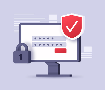 Internet network data computer monitor pc digital security shield and lock symbol.