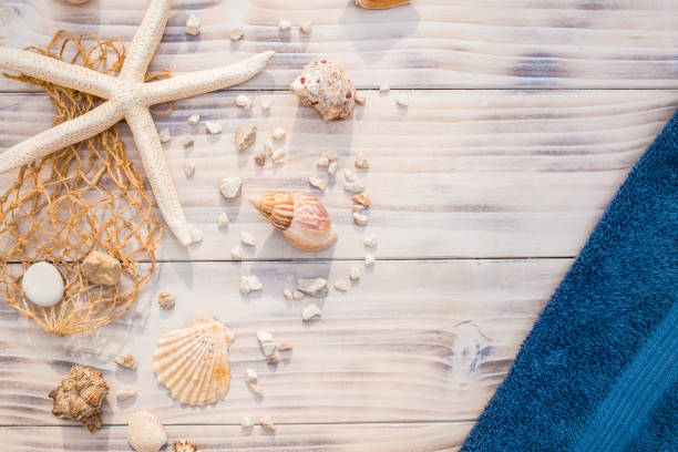 istock Starfish with sea shells on white wooden background. 1389168576
