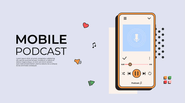 istock Mobile podcast. Online Podcast player on phone in retro style. 1389168954