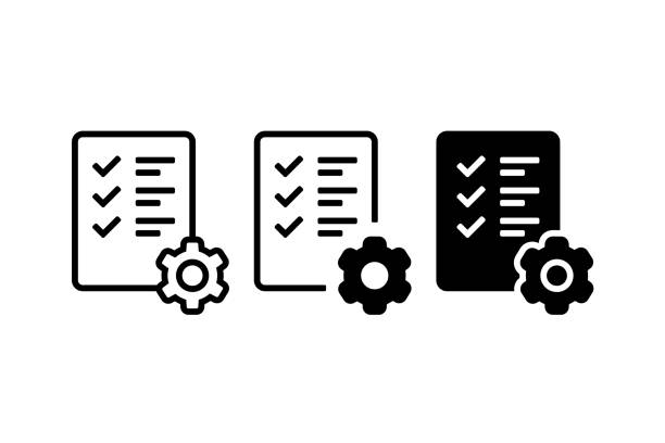 작업 아이콘입니다. 체크리스트와 기어 기호가 있는 문서입니다. - 준비 stock illustrations