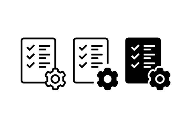 Task icon. Document with checklist and gear sign. Task icon. Document with checklist and gear sign. Vector illustration preparation stock illustrations