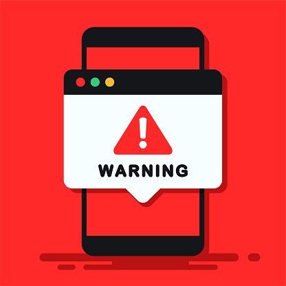 Mobile phone warning sign. Smartphone notification, exclamation mark. Vector illustration